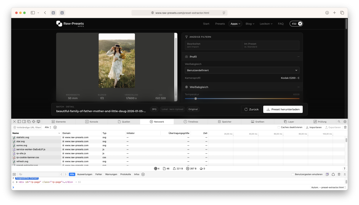 Preset aus Foto extrahieren, ohne das Bild auf einen Server hochzuladen - auf Raw-Presets.com