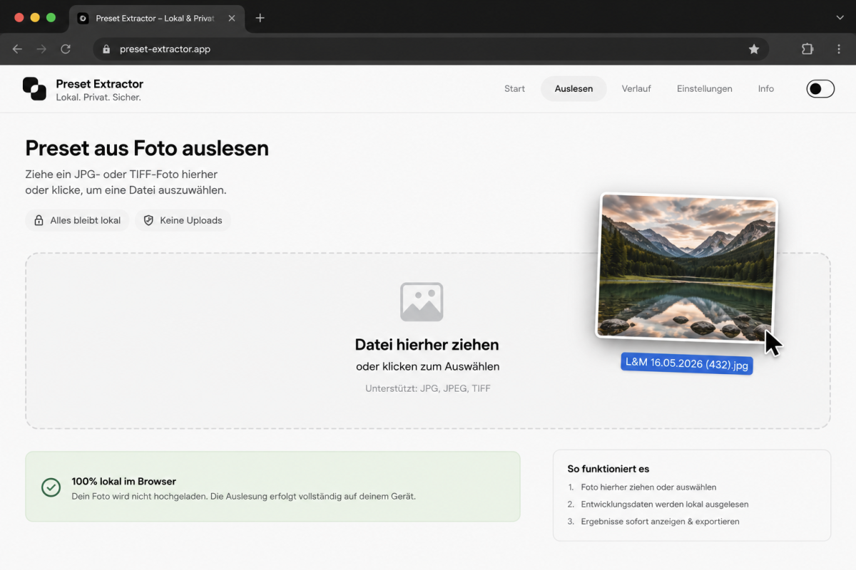 Preset aus Foto extrahieren, ohne das Bild auf einen Server hochzuladen - alles im Browser